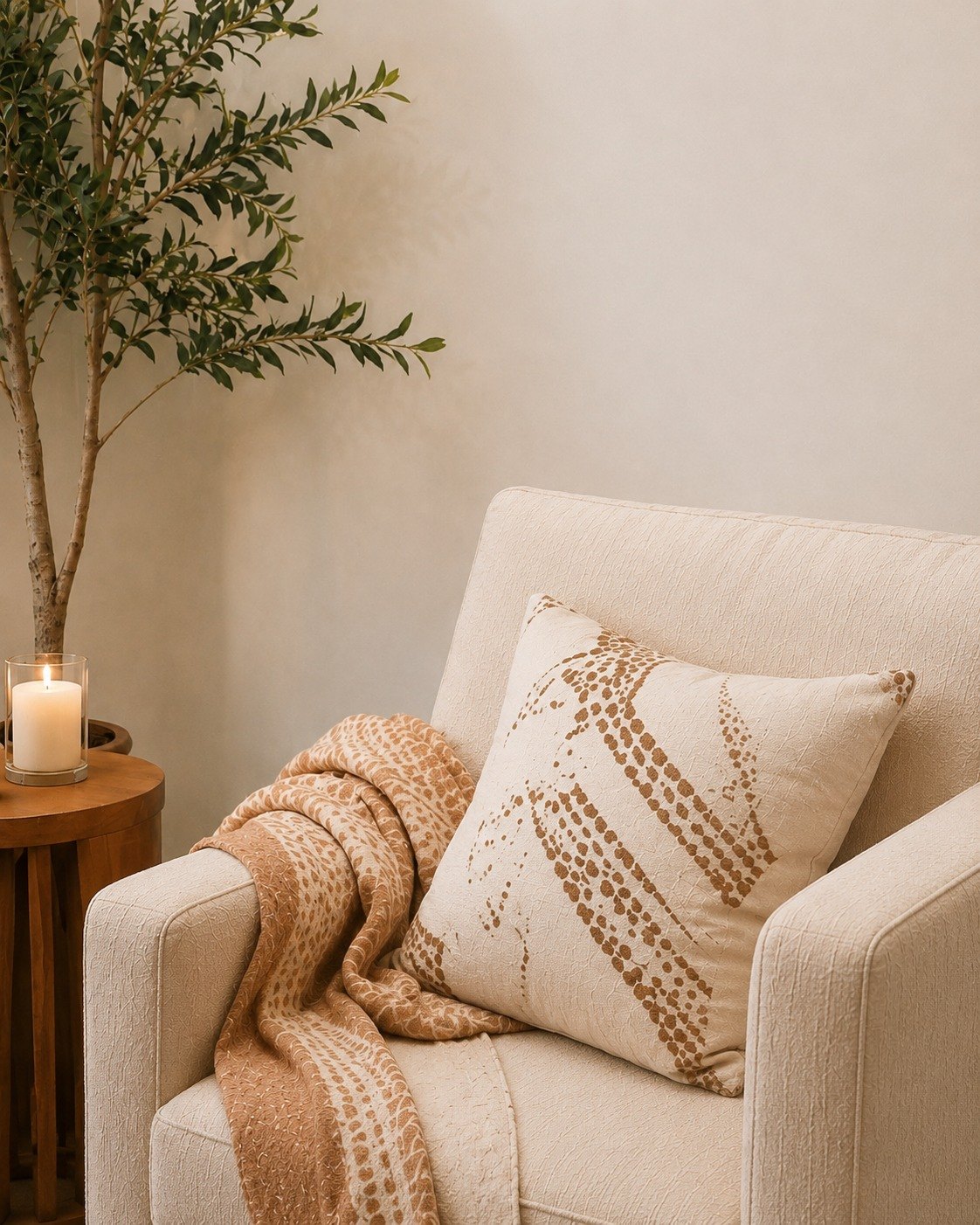 Warm therapy-inspired seating area with plants and soft natural light