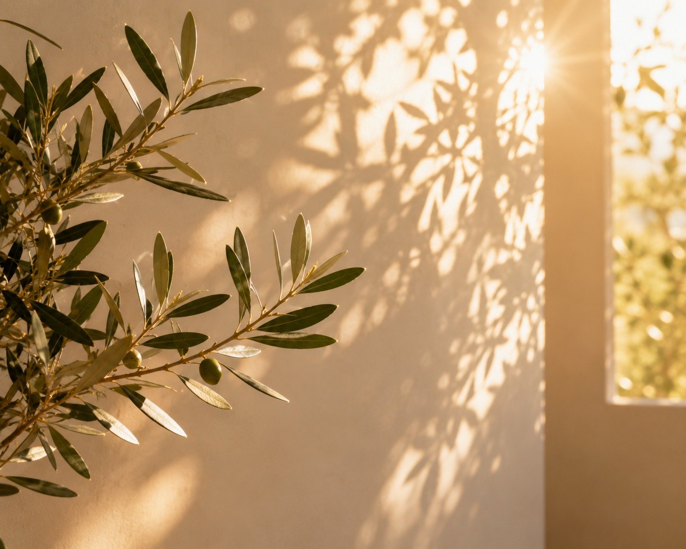 Olive branches and warm sunlight casting soft shadows on a wall